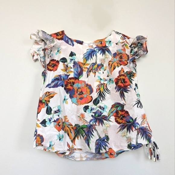 Mango Tropical Print Ruffle Cap Sleeve Cotton Top Ruched Side (Mango 6 = US S) - Picture 2 of 8